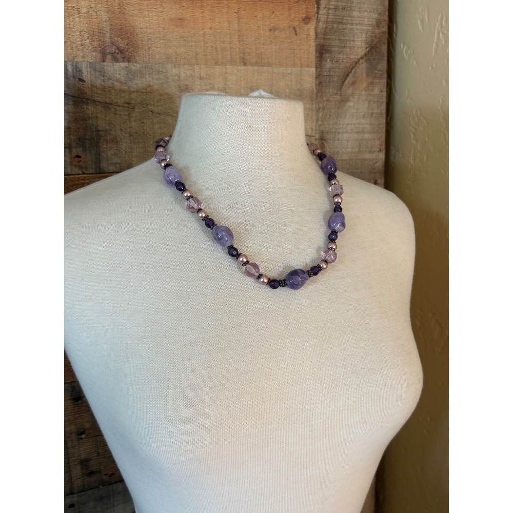 Purple Mixed Bead Amethyst Style Stone and Faux Pearl Necklace Silver Tone